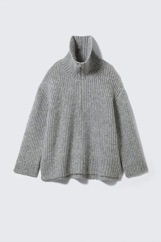 Jersey de cuello alto con media cremallera de punto acanalado – Gris jaspeado Jersey de cuello alto con media cremallera de punto acanalado – Gris jaspeado