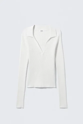 Jersey de manga larga con cuello en V y punto acanalado – Blanco