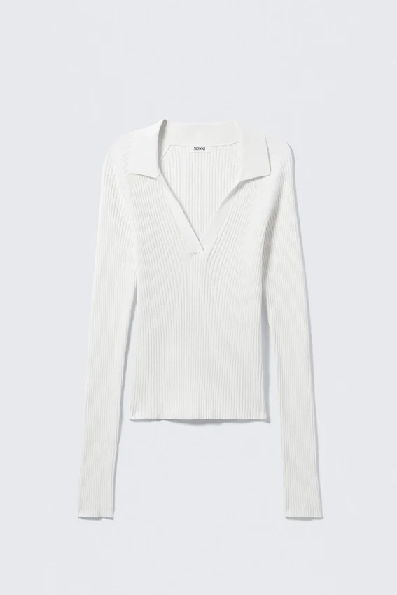 Jersey de manga larga con cuello en V y punto acanalado – Blanco Jersey de manga larga con cuello en V y punto acanalado – Blanco