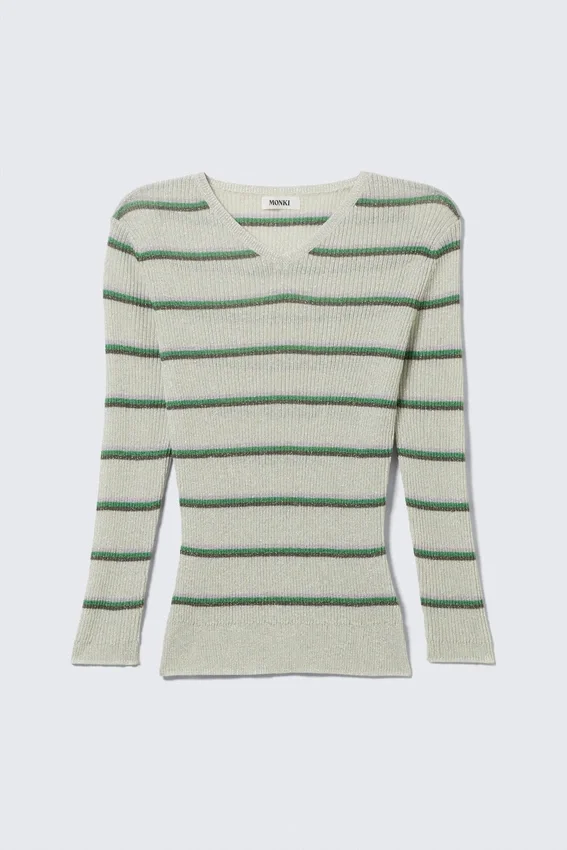 Jersey de punto ajustado con cuello en V – Rayas gris claro Jersey de punto ajustado con cuello en V – Rayas gris claro