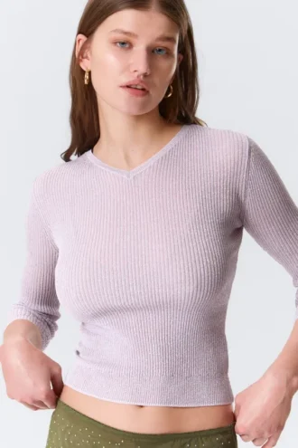 Jersey de punto ajustado con cuello en V – Rosa claro Jersey de punto ajustado con cuello en V – Rosa claro