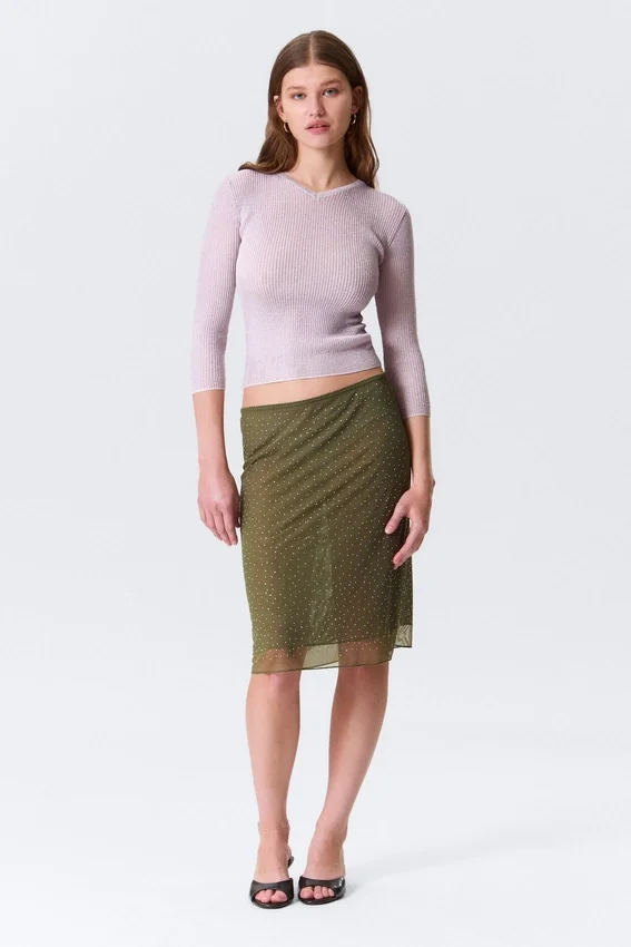 Jersey de punto ajustado con cuello en V – Rosa claro Jersey de punto ajustado con cuello en V – Rosa claro