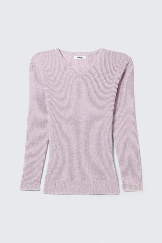 Jersey de punto ajustado con cuello en V – Rosa claro Jersey de punto ajustado con cuello en V – Rosa claro