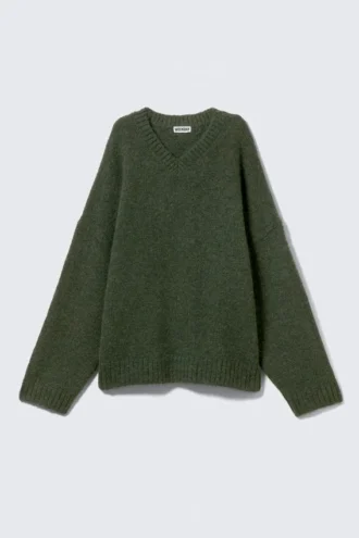 Jersey oversize de mezcla de lana con cuello en V – Verde oscuro
