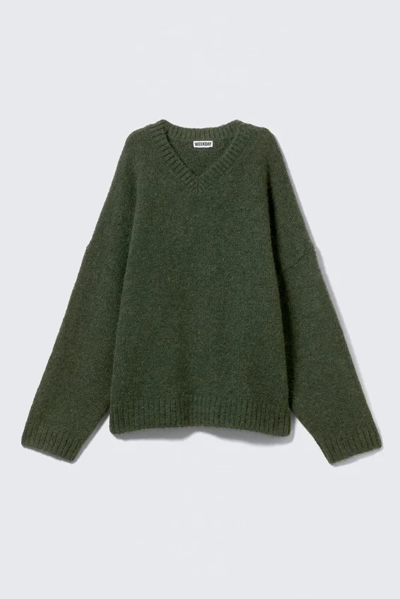 Jersey oversize de mezcla de lana con cuello en V – Verde oscuro Jersey oversize de mezcla de lana con cuello en V – Verde oscuro