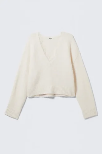 Jerséu con cuello en V y ribete de encaje – Blanco