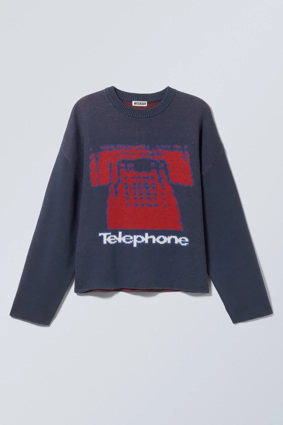 Jerséu de algodón de punto con estampados y corte recto – Azul oscuro – Teléfono Jerséu de algodón de punto con estampados y corte recto – Azul oscuro – Teléfono