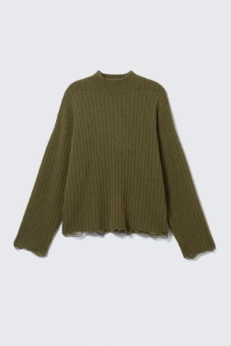 Jerséu de cuello alto con canalé desgastado – Verde oscuro