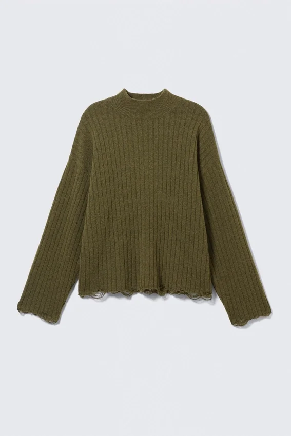 Jerséu de cuello alto con canalé desgastado – Verde oscuro Jerséu de cuello alto con canalé desgastado – Verde oscuro