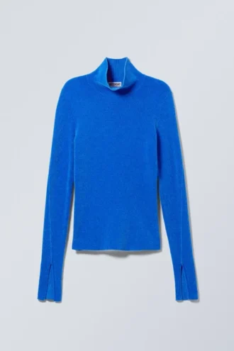 Jerséu de cuello alto de chenilla de punto elástico – Azul brillante