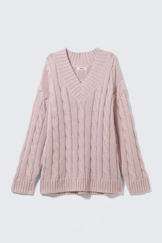 Jerséu de cuello en V con punto trenzado – Rosa empolvado