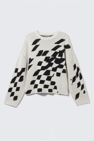 Jerséu de jacquard con estampados gráficos de corte recto – Blanco sucio – Estampado cuadrado