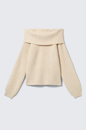 Jerséu de punto acanalado con hombros descubiertos – Beige claro