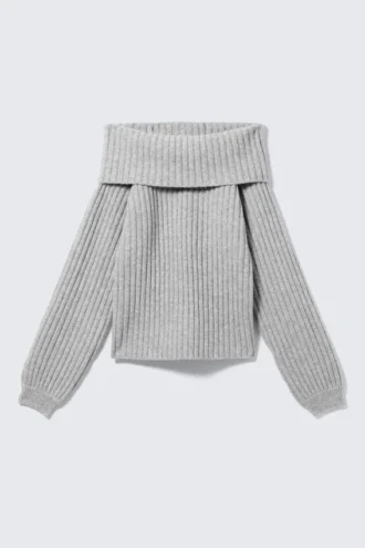 Jerséu de punto acanalado con hombros descubiertos – Gris jaspeado