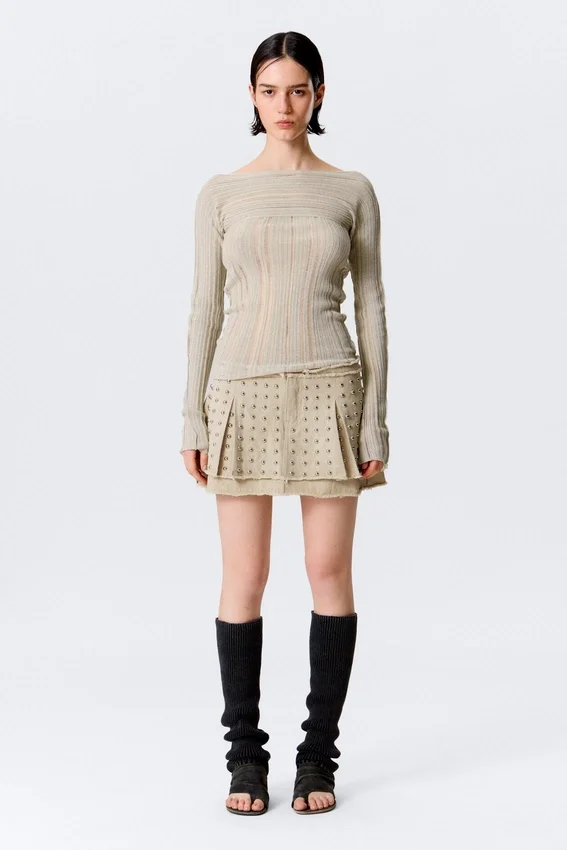 Jerséu de punto ajustado con cuello barco – Beige Jerséu de punto ajustado con cuello barco – Beige