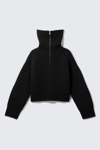 Jerséu de punto con cuello de embudo y doble cremallera – Negro