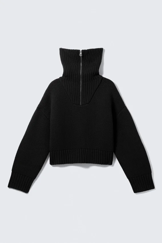 Jerséu de punto con cuello de embudo y doble cremallera – Negro Jerséu de punto con cuello de embudo y doble cremallera – Negro