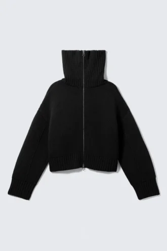 Jerséu de punto con cuello de embudo y doble cremallera – Negro