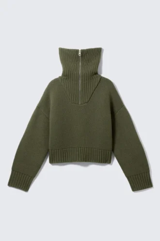 Jerséu de punto con cuello de embudo y doble cremallera – Verde caqui