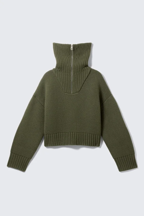 Jerséu de punto con cuello de embudo y doble cremallera – Verde caqui Jerséu de punto con cuello de embudo y doble cremallera – Verde caqui
