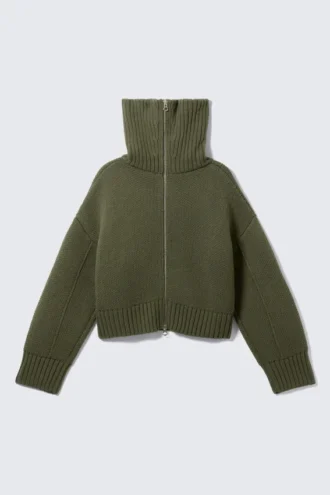 Jerséu de punto con cuello de embudo y doble cremallera – Verde caqui