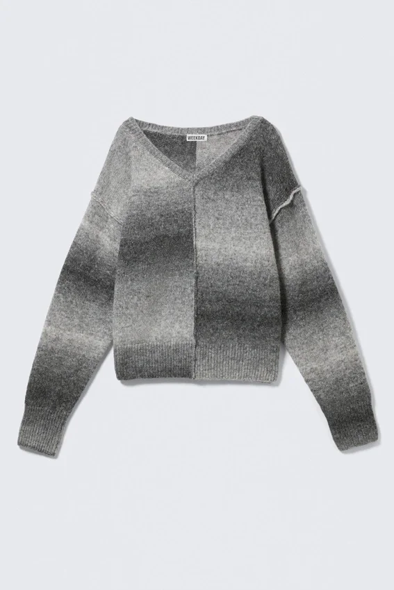 Jerséu de punto con cuello en V y efecto degradado – Gris degradado Jerséu de punto con cuello en V y efecto degradado – Gris degradado