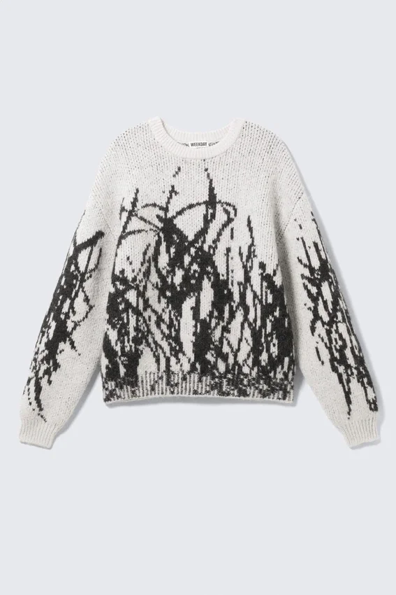 Jerséu de punto con mezcla de lana y estampados con diseños – Blanco – Estampado negro Jerséu de punto con mezcla de lana y estampados con diseños – Blanco – Estampado negro
