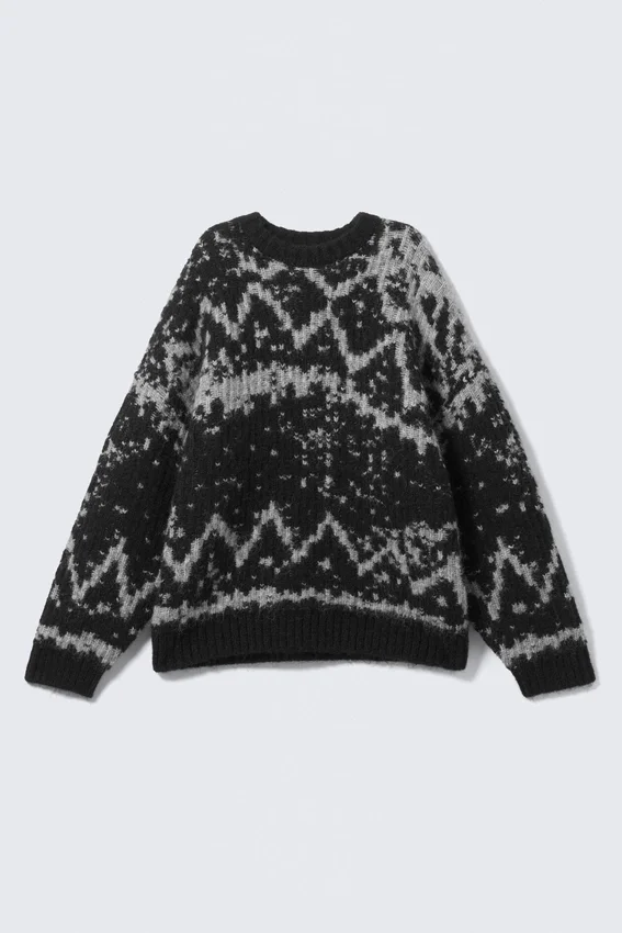 Jerséu de punto Fair Isle oversize – Negro empolvado y gris neblina Jerséu de punto Fair Isle oversize – Negro empolvado y gris neblina