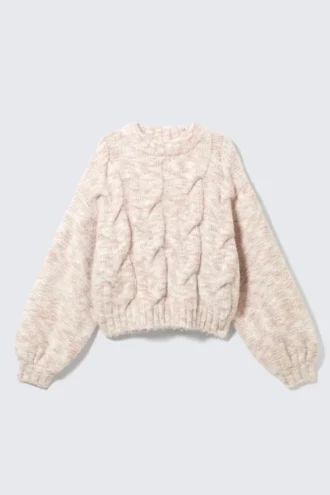 Jerséu de punto grueso con trenzado – Rosa claro jaspeado Jerséu de punto grueso con trenzado – Rosa claro jaspeado