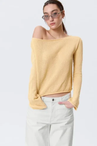 Jerséu de punto holgado con cuello barco – Amarillo claro Jerséu de punto holgado con cuello barco – Amarillo claro