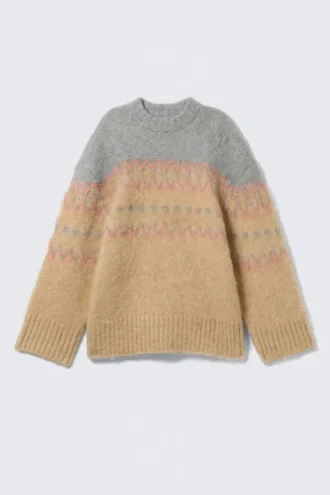 Jerséu de punto mullido de corte holgado – Beige/Gris Fairisle Jerséu de punto mullido de corte holgado – Beige/Gris Fairisle
