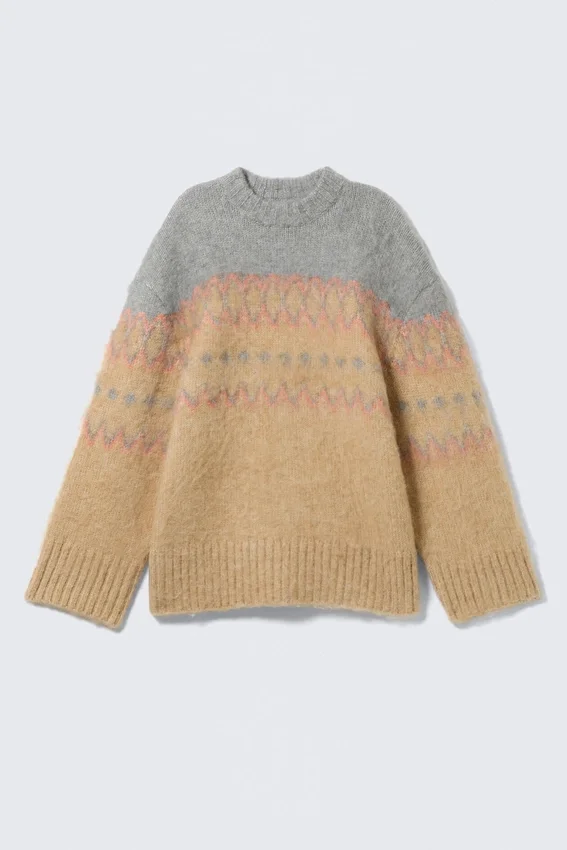 Jerséu de punto mullido de corte holgado – Beige/Gris Fairisle Jerséu de punto mullido de corte holgado – Beige/Gris Fairisle