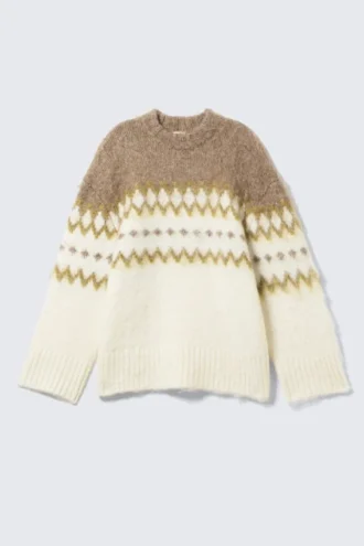Jerséu de punto mullido de corte holgado – Blanco/Beige oscuro Fairisle