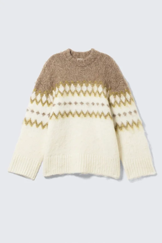 Jerséu de punto mullido de corte holgado – Blanco/Beige oscuro Fairisle Jerséu de punto mullido de corte holgado – Blanco/Beige oscuro Fairisle