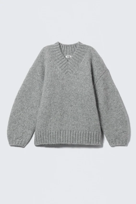 Jerséu de punto oversize con cuello en V – Gris jaspeado Jerséu de punto oversize con cuello en V – Gris jaspeado