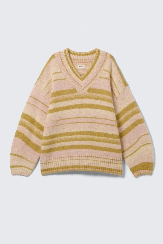 Jerséu de punto oversize con cuello en V – Rayas amarillas Jerséu de punto oversize con cuello en V – Rayas amarillas