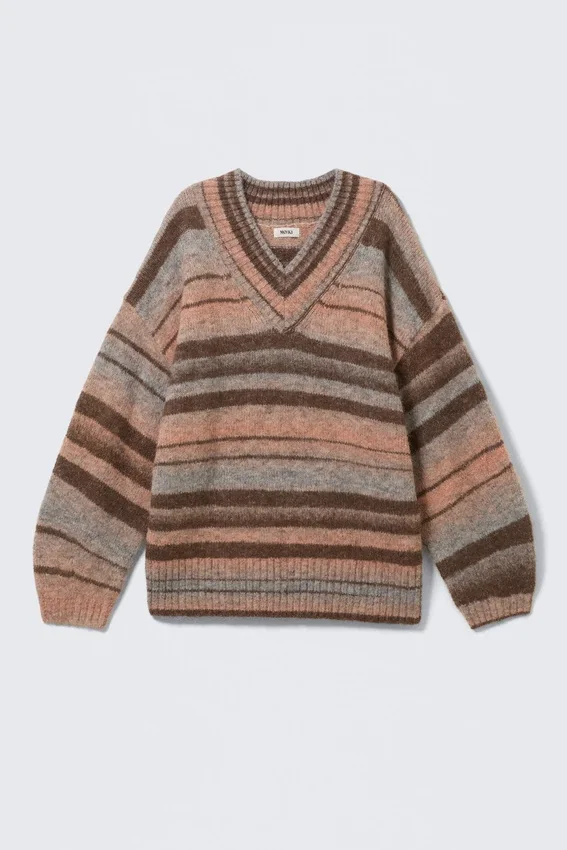 Jerséu de punto oversize con cuello en V – Rayas marrones y naranjas Jerséu de punto oversize con cuello en V – Rayas marrones y naranjas