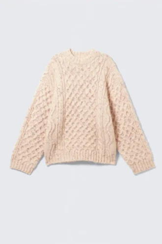 Jerséu de textura con trenzado largo – Beige – Nudos rosas