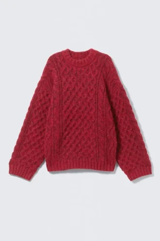 Jerséu de textura con trenzado largo – Rojo brillante