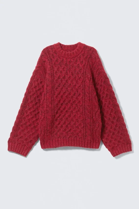 Jerséu de textura con trenzado largo – Rojo brillante Jerséu de textura con trenzado largo – Rojo brillante