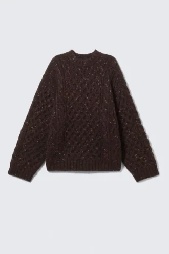 Jerséu de textura de punto trenzado largo – Morado oscuro – Nudos rosas Jerséu de textura de punto trenzado largo – Morado oscuro – Nudos rosas