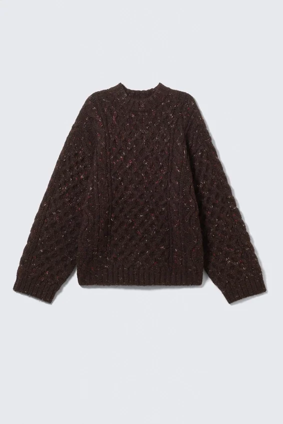 Jerséu de textura de punto trenzado largo – Morado oscuro – Nudos rosas Jerséu de textura de punto trenzado largo – Morado oscuro – Nudos rosas