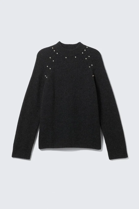 Jerséu holgado de mezcla de lana con tachuelas – Negro – Tachuelas Jerséu holgado de mezcla de lana con tachuelas – Negro – Tachuelas