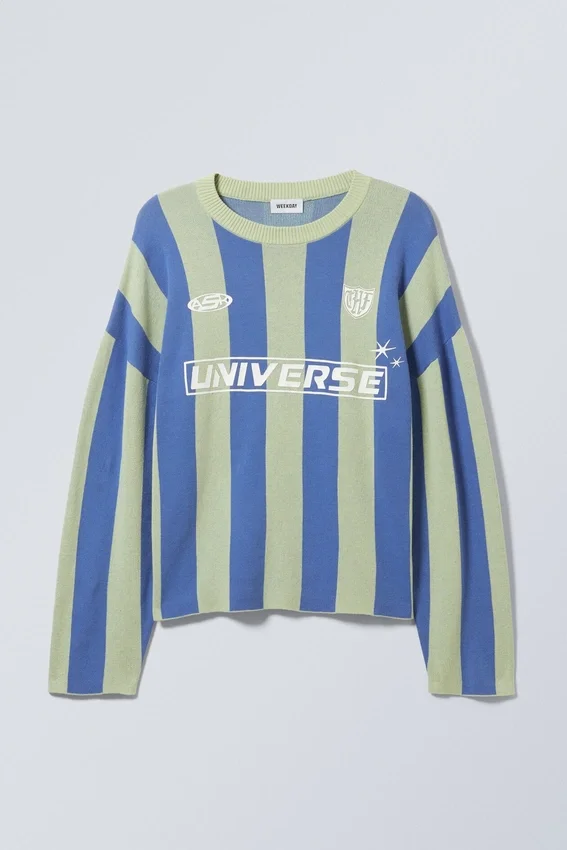 Jerséu holgado de punto con diseño de equipo de fútbol – Rayas verdes y azules Jerséu holgado de punto con diseño de equipo de fútbol – Rayas verdes y azules