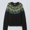 Jerséu oversize de punto de mezcla de lana con mangas raglán – Negro – Estampado azul petróleo/amarillo Jerséu oversize de punto de mezcla de lana con mangas raglán – Negro – Estampado azul petróleo/amarillo