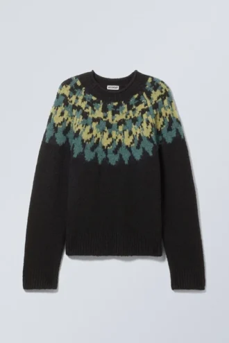 Jerséu oversize de punto de mezcla de lana con mangas raglán – Negro – Estampado azul petróleo/amarillo
