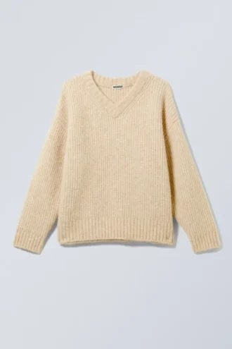Jerséu oversize de punto en mezcla de lana – Beige empolvado Jerséu oversize de punto en mezcla de lana – Beige empolvado