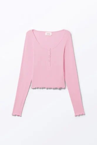 Mini camiseta Henley de canalé – Rosa