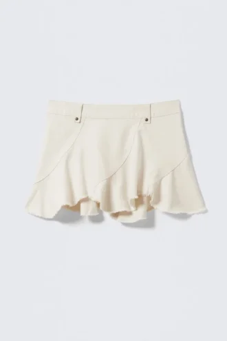 Mini falda asimétrica de sarga con flecos – Blanco roto