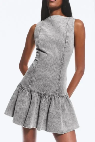 Minivestido acampanado de sarga con cuello barco – Gris lavado